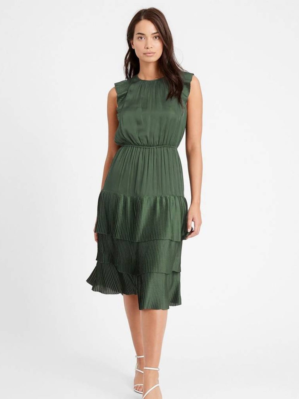 NEW Banana Republic Satin Pleated Midi Dress in Emerald Green Sz 4 Petite